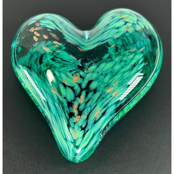 Art Glass Hand Blown Paperweight Heart Shape Speckled Green Gold Shimmer Flakes - Picture 1 of 8
